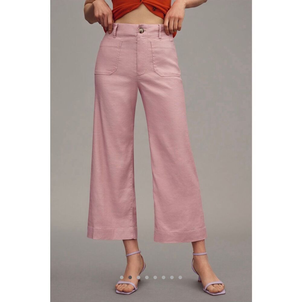 Anthropologie Maeve Pants Colette NEW Cropped Wide Leg Linen Dust Pink‎ size 34